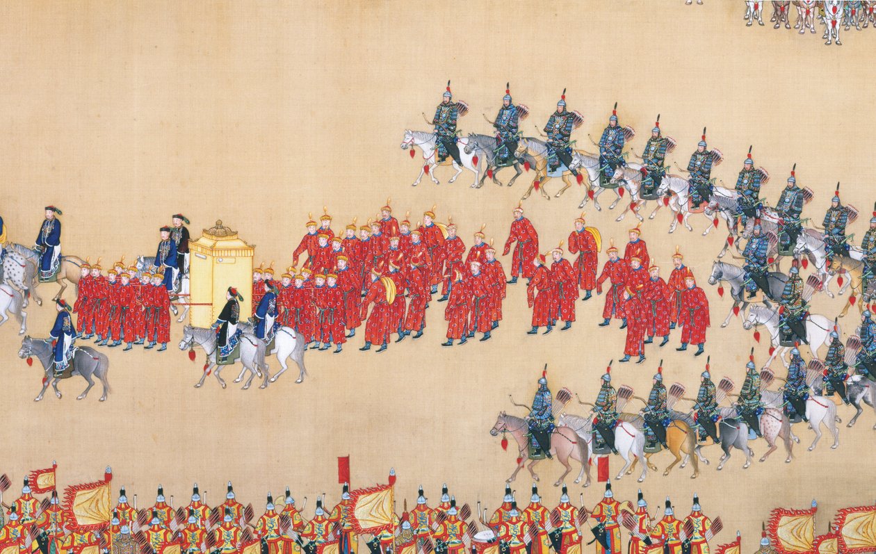 Revisão do imperador Qianlong sobre o grande desfile de tropas, corridas de mãos de Chinese School