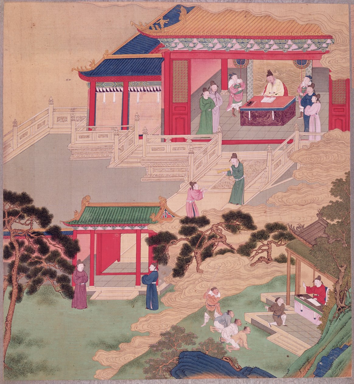 Imperador Tai Tsung (r.762-779) lendo um livro médico, de uma história de imperadores chineses (cor de seda) de Chinese School