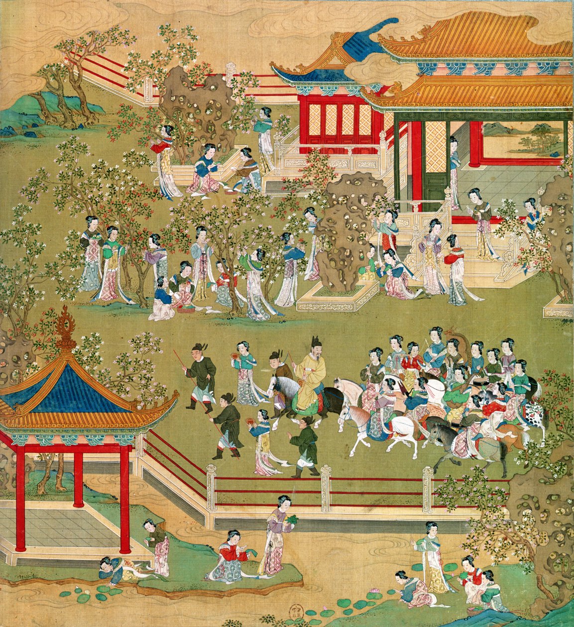 Imperador Yang Ti (581-618) passeando em seus jardins com suas esposas, de uma história de imperadores chineses (cor de seda) (ver também 176855) de Chinese School