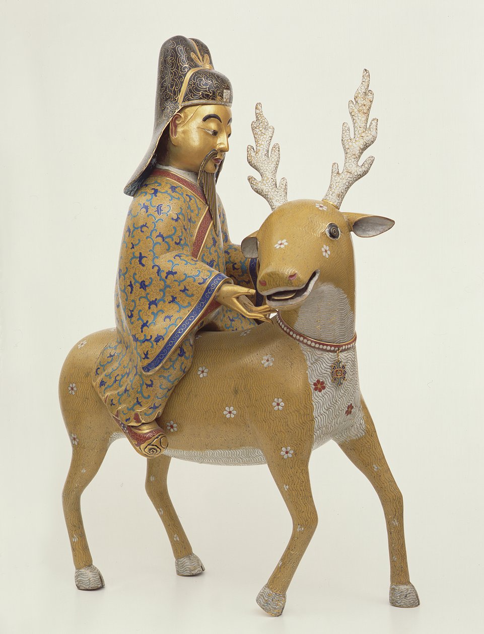 Figura de um imortal montando um cervo (cloisonne esmaltado) de Chinese School