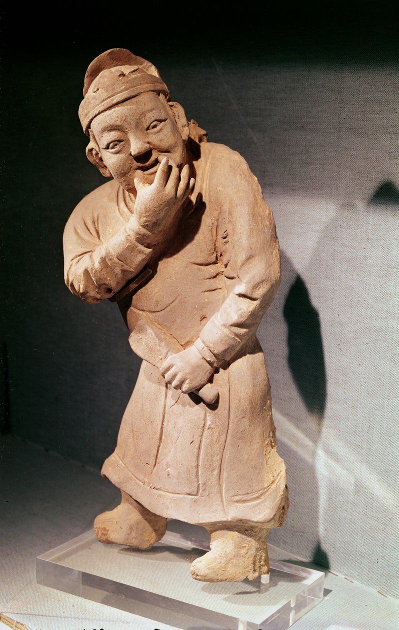 Estatueta de um ator assobiando, de Jiaozuo, Henan, Yuan Dynasty (1271-1368) (terracota) de Chinese School
