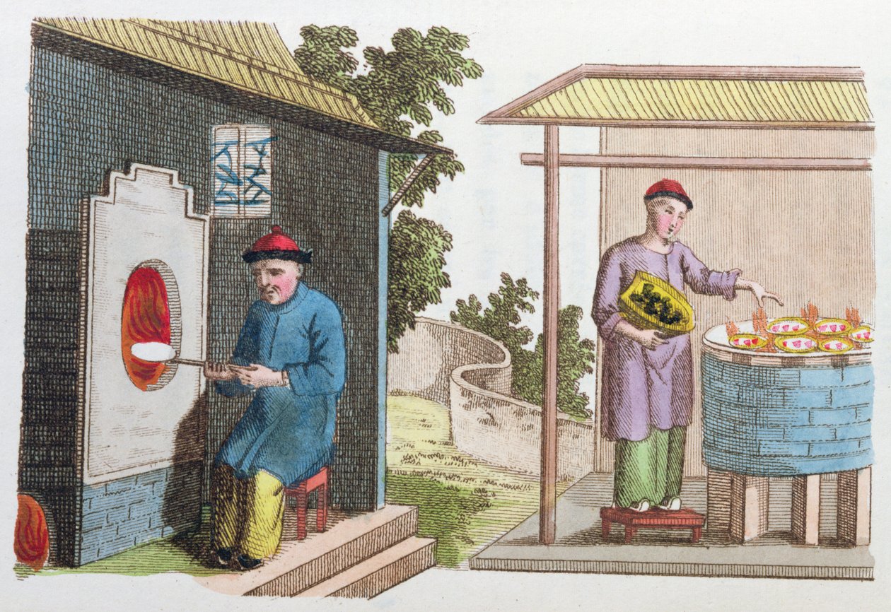 Despedimento de porcelana na China no final do século XVIII, de La Chine en Miniature, de JB Breton, Paris, editado por Nepveu, 1811 (gravura a cores) de Chinese School