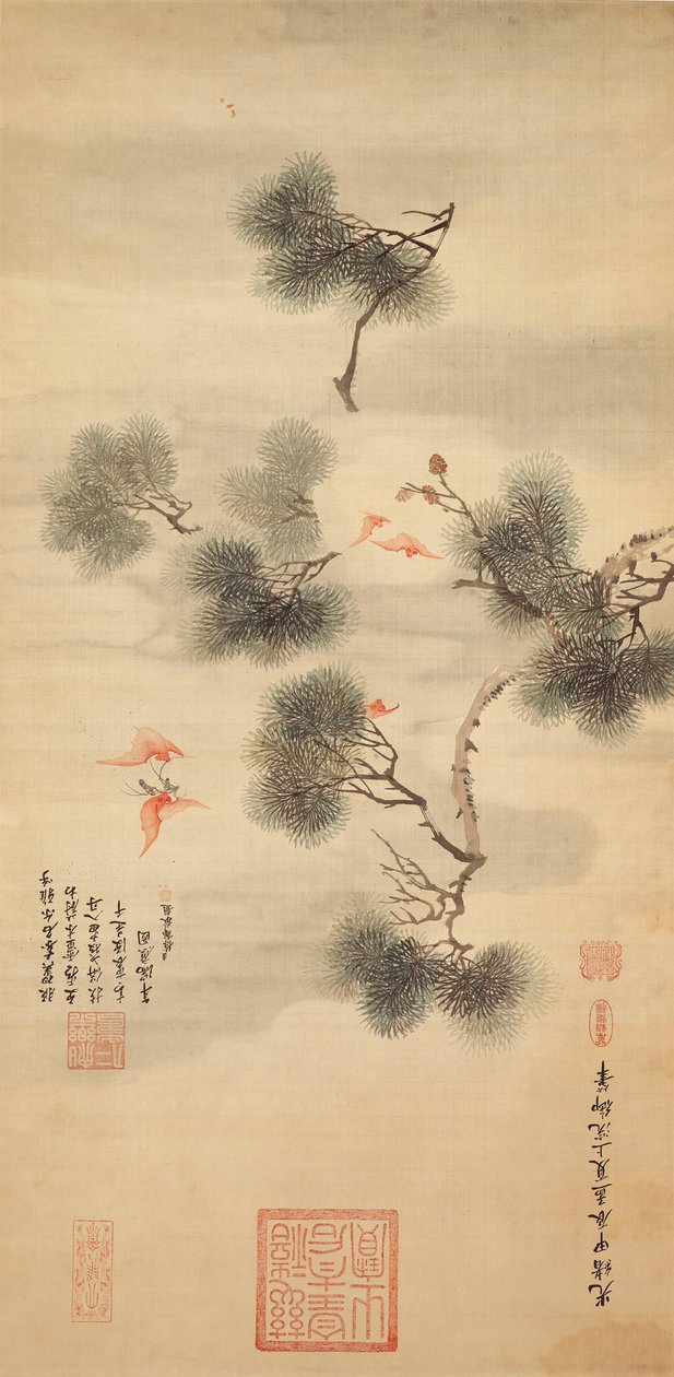 Cinco morcegos em meio a um galho de pinheiro, 1844 de Chinese School