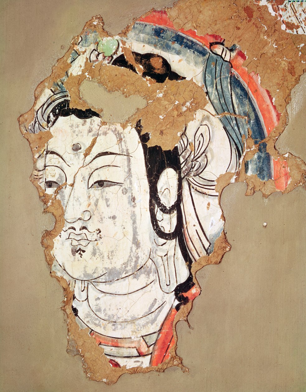 Cabeça de Buda com um halo, de Kao-chang, Xinjiang, no Turquestão Chinês, do século VIII ao IX de Chinese School