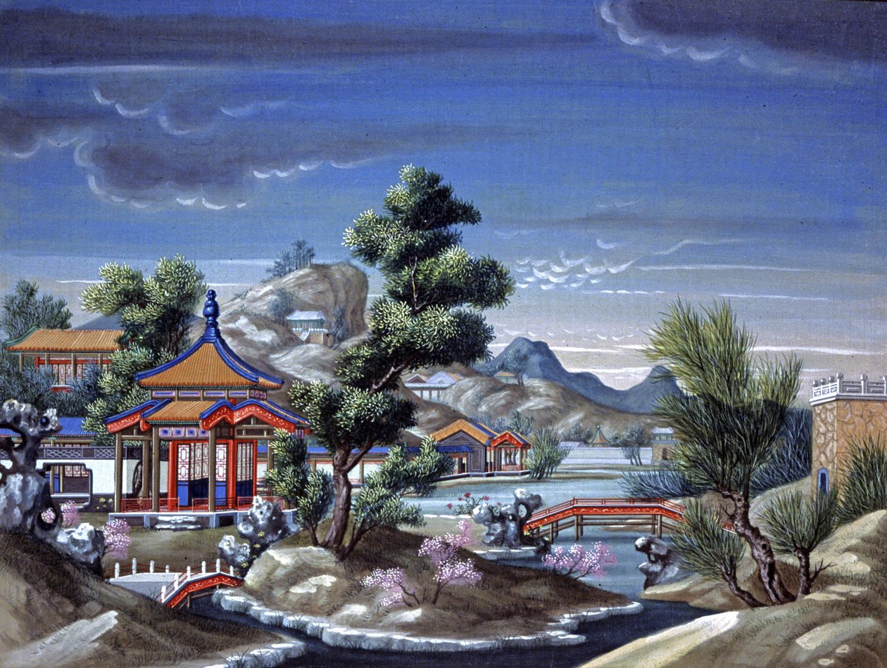 Paisagem na China, c.1850 (aguarela sobre seda) de Chinese School
