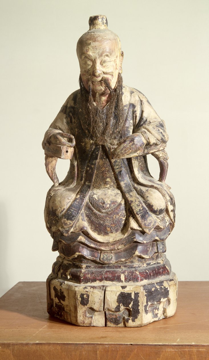 Lao-Tzu (c.604-531) usando a coroa de um mestre (madeira pintada) de Chinese School
