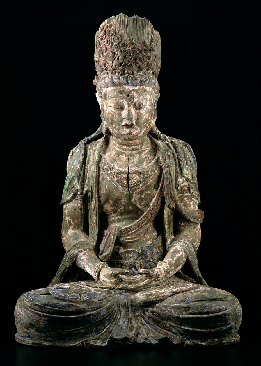 Grande bodhisattva sentado em meditação, dinastia Jin (1115-1234) (madeira e pigmento) (ver 206545) de Chinese School