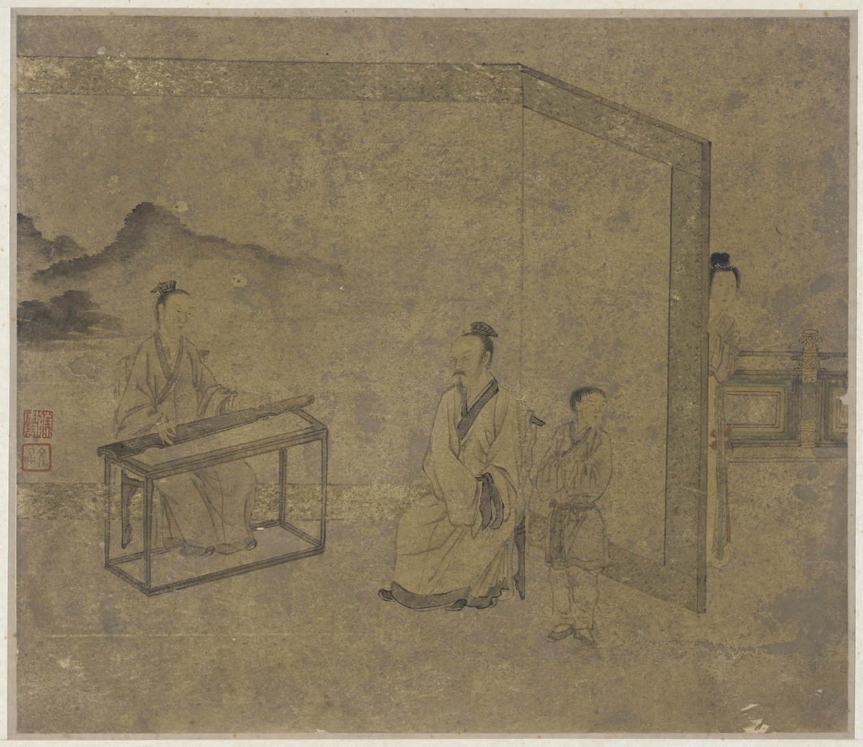 Ouvindo a cítara, dinastia Ming ou Qing de Chinese School
