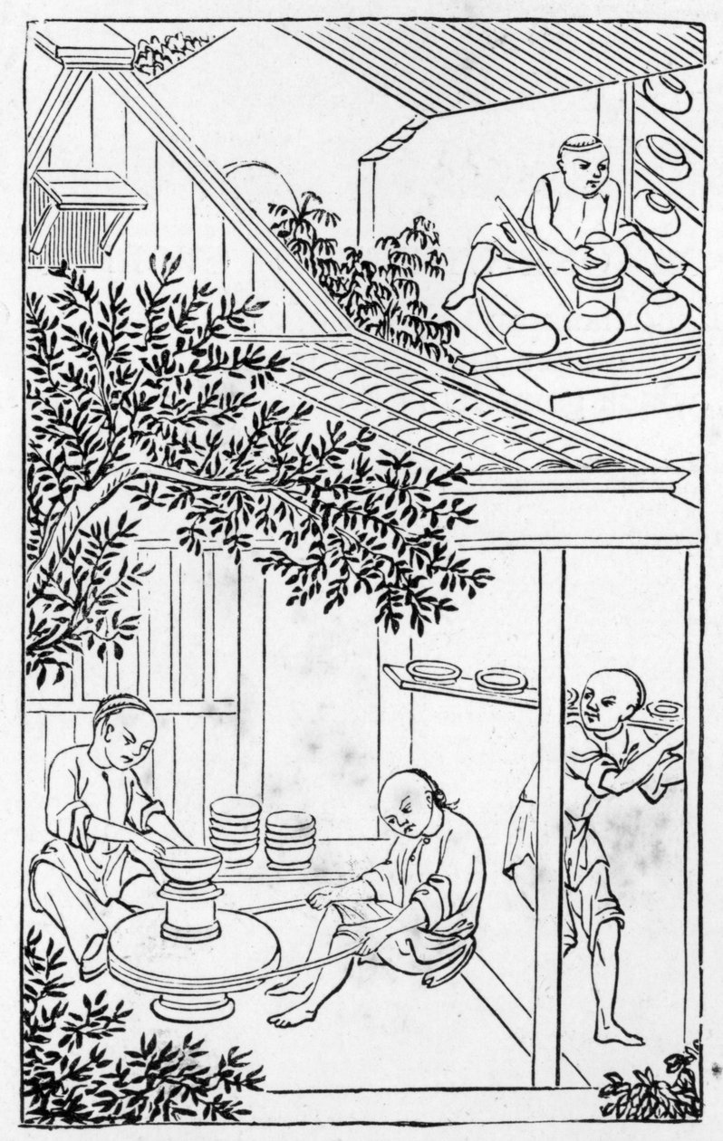 Moldagem e colocação na roda de oleiro, a partir de uma série de ilustrações sobre a fabricação da china (ver 384116 e 384117 para toda a série) de Chinese School