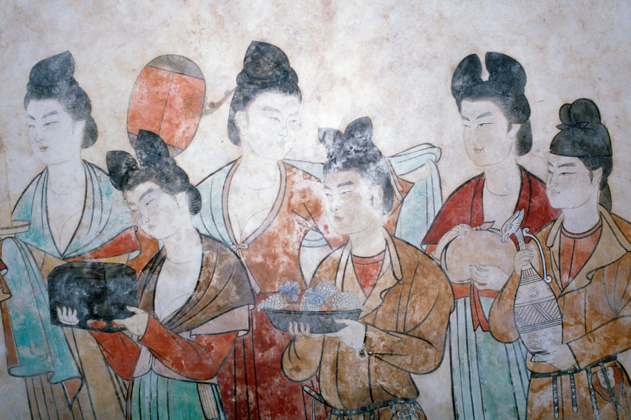 Oferta de presentes, pintura de parede do túmulo de Wu Tse Tien, túmulos de Chien, Dinastia Tang, China, Shan Xi, século VIII de Chinese School
