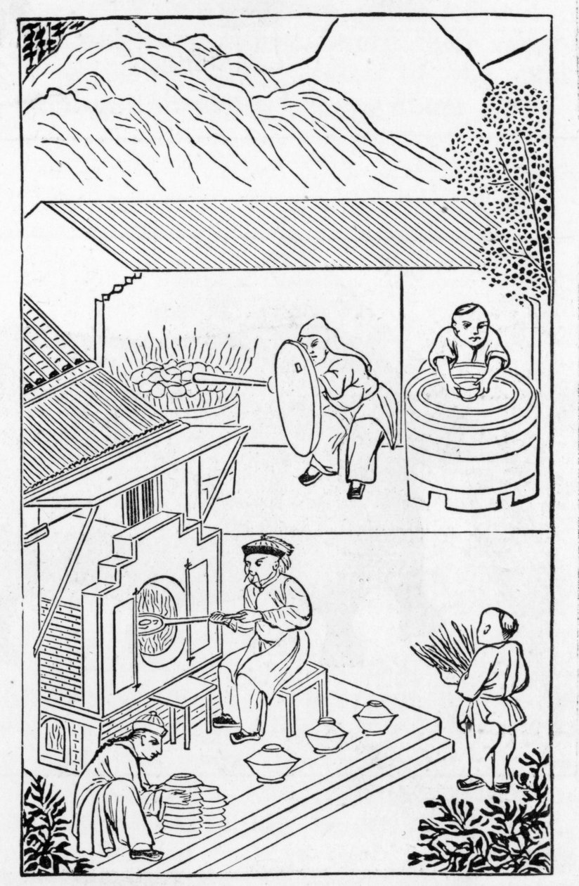 Abertura e fechamento de fornos, a partir de uma série de ilustrações sobre a fabricação da china (ver 384116 e 384117 para toda a série) de Chinese School