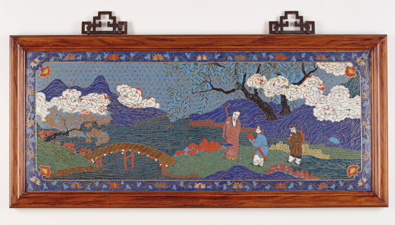 Painel representando uma paisagem chinesa, dinastia Ming (cloisonne esmalte) de Chinese School