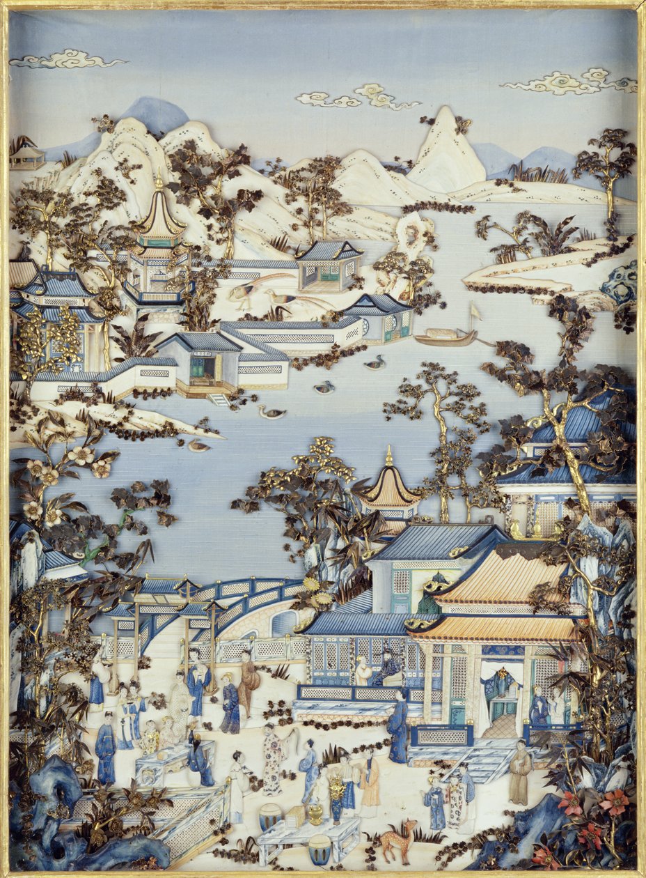 Painéis representando figuras num terraço, período Qianlong, 1736-95 (marfim policromado) (um de um par) (ver 206571, 206573) de Chinese School