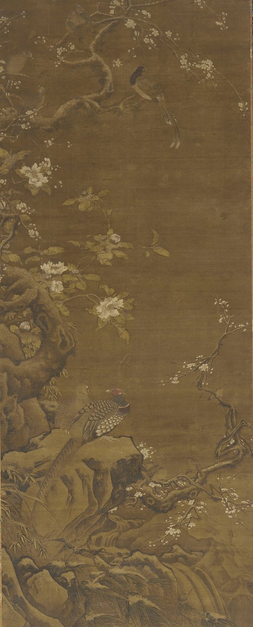 Faisões e Flores de Ameixa Cobertas de Neve, dinastia Ming ou Qing, do século XV ao XVIII de Chinese School