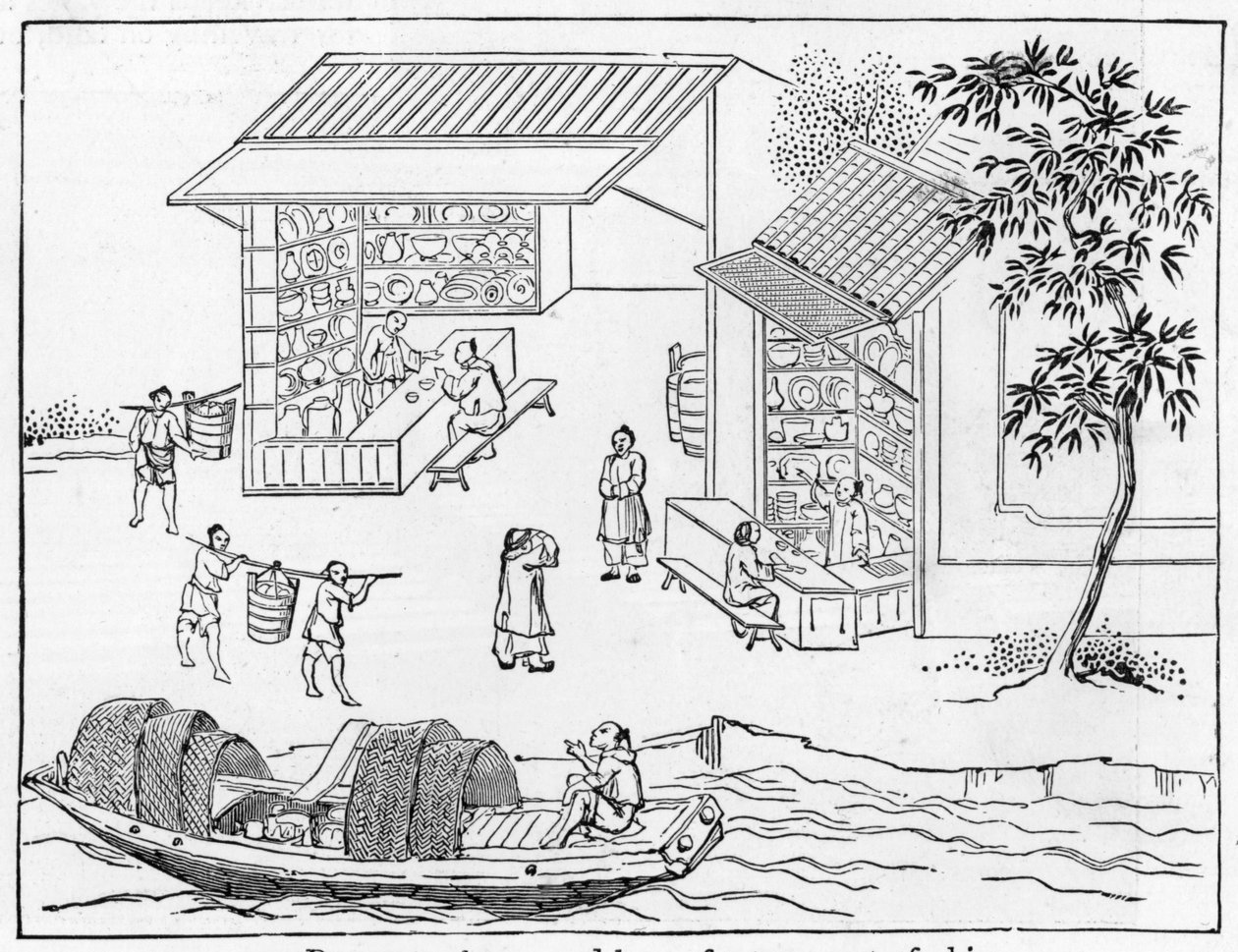 Lojas de porcelana e barcos para transporte da China, a partir de uma série de ilustrações sobre a fabricação da china (ver 384116 e 384117 para toda a série) de Chinese School