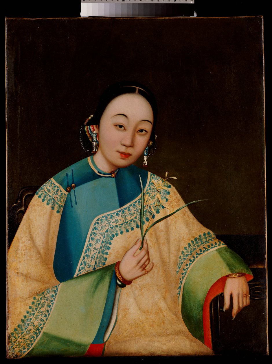 Retrato, de, um, senhora corte, assentado, meio comprimento, em, um, robe bordado, segurando uma flor, meio século XIX de Chinese School