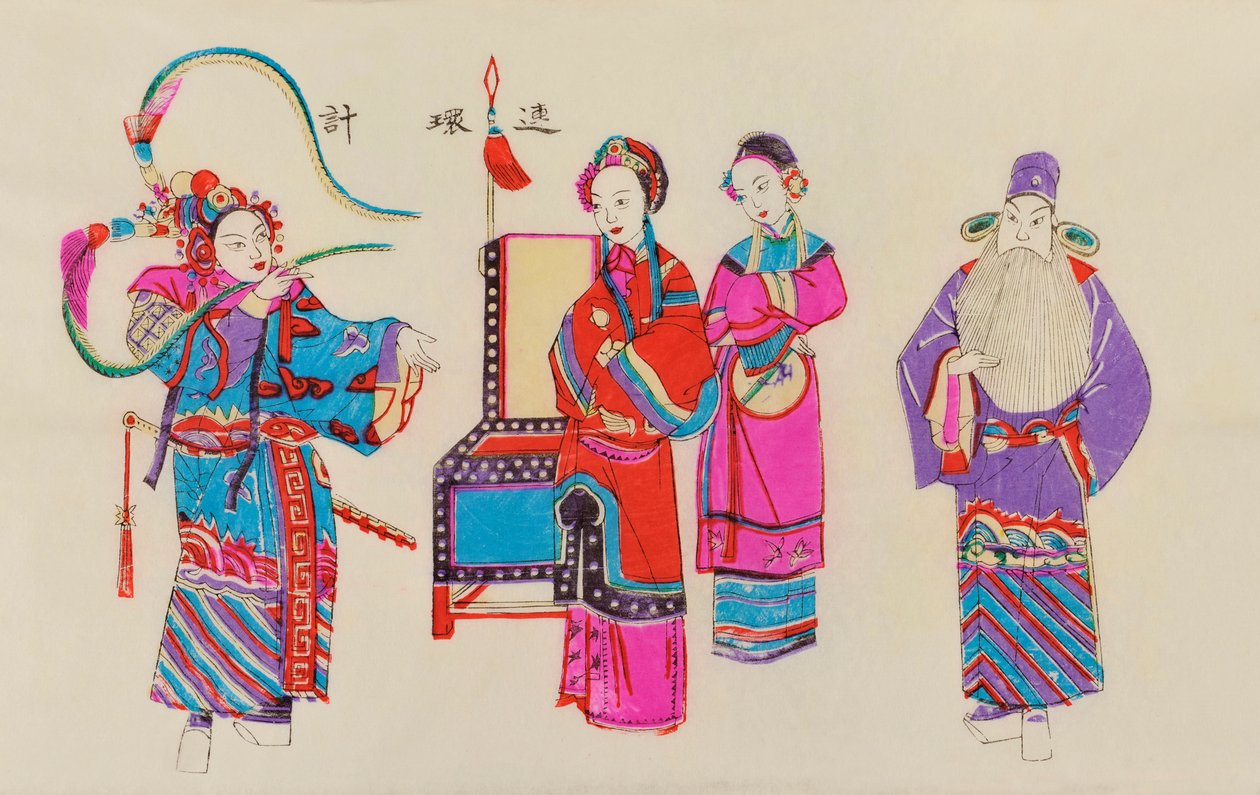 Impressão de uma cena de ópera chinesa (woodblock colorido sobre papel) de Chinese School