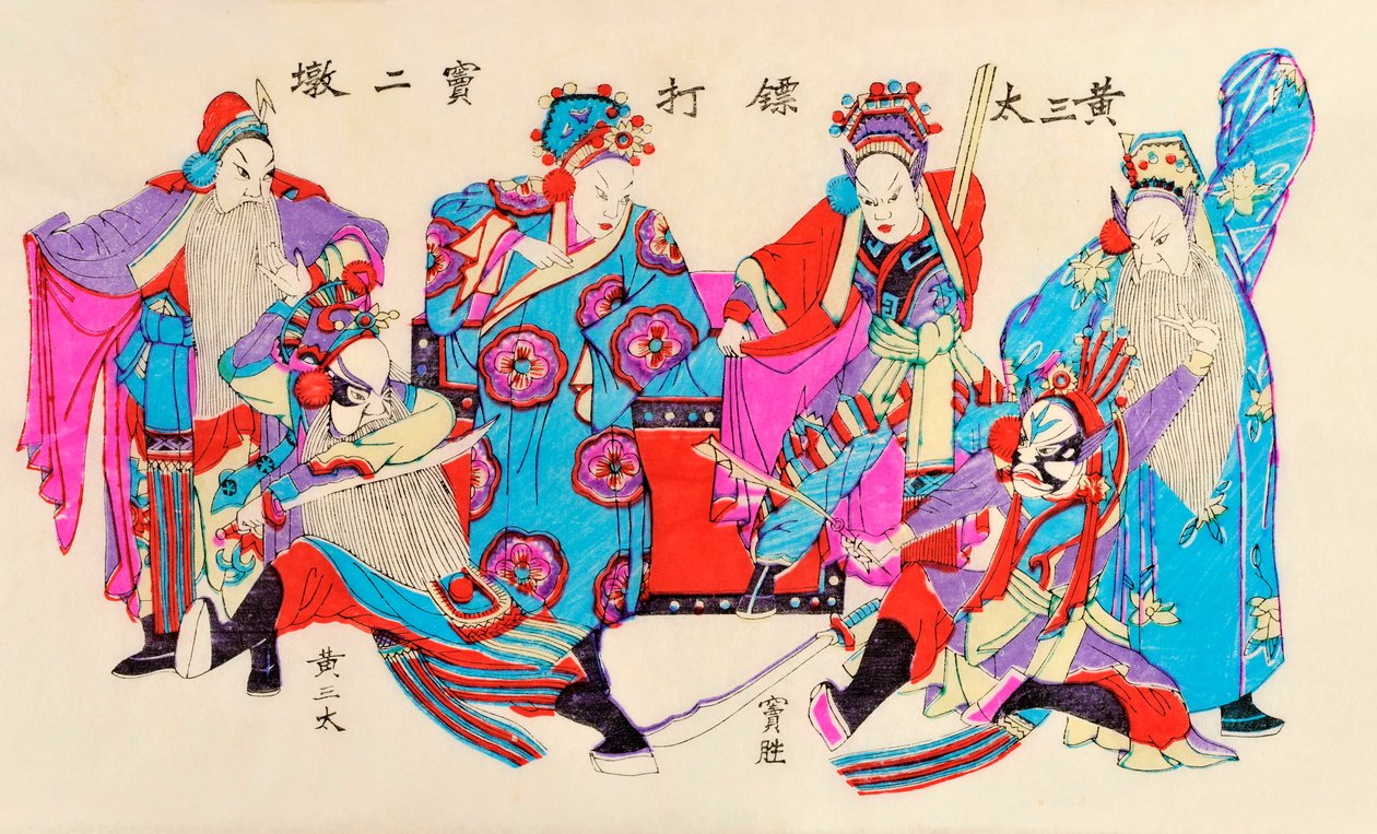 Impressão de uma cena de ópera chinesa (woodblock colorido sobre papel) de Chinese School