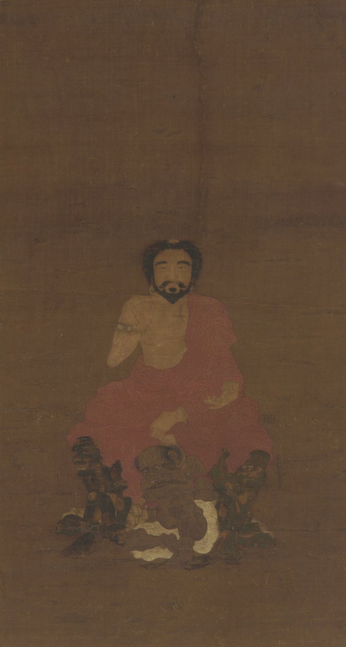 Sakyamuni Sentado Sobre Três Criaturas Demoníacas, possivelmente dinastia Yuan-primitiva Ming, do século 14 ao 15 de Chinese School