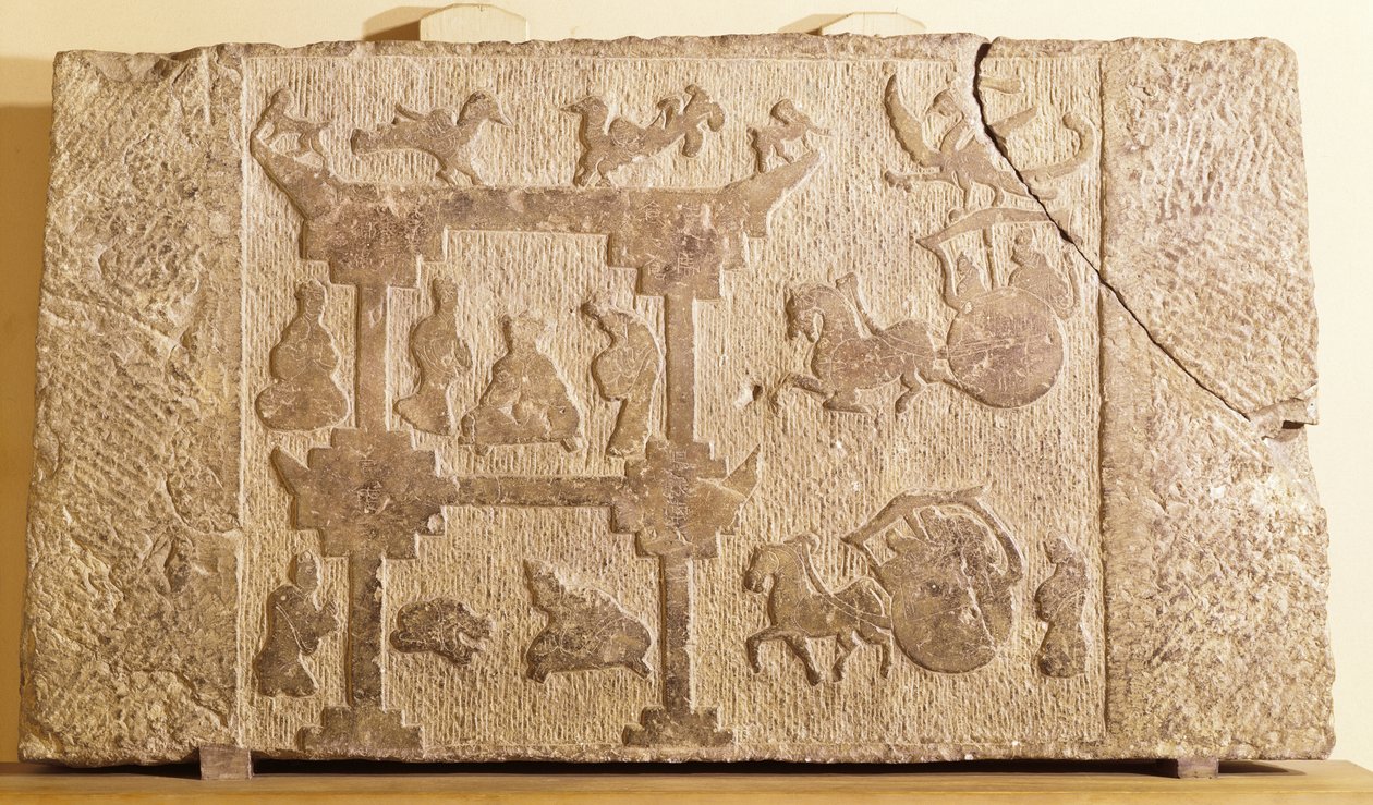 Laje decorada com carruagens e aves míticas, dinastia Han (206 aC-220 dC) (arenito) de Chinese School