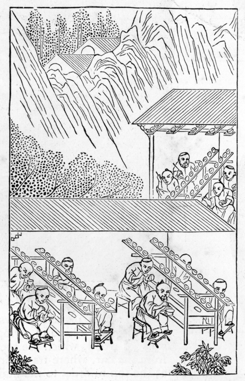Estúdio de pintores em esmalte, de uma série de ilustrações sobre a fabricação da china (ver 384116 e 384117 para toda a série) de Chinese School