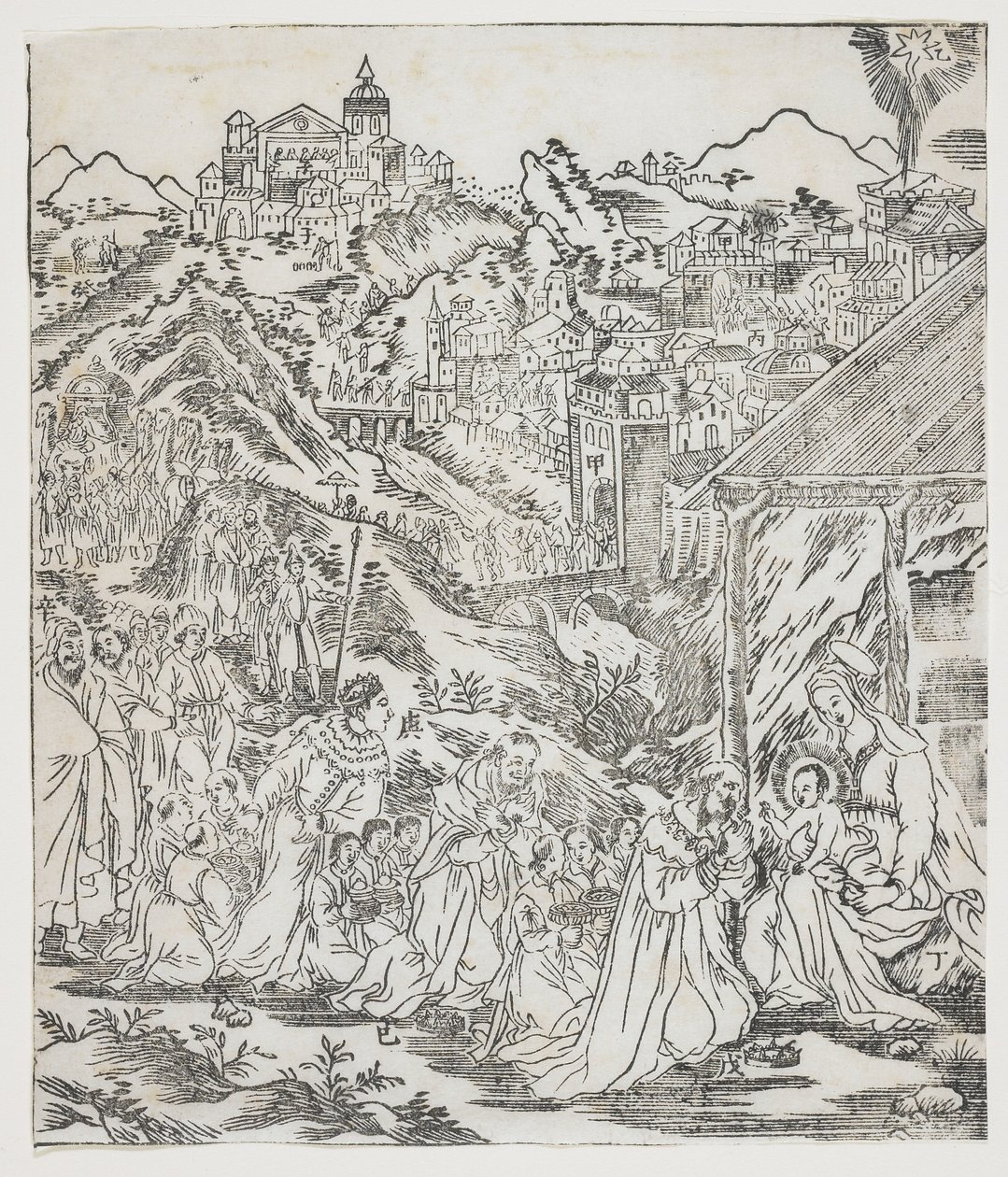 A Adoração de Cristo, prato de Giulio Alenis Tianzhu jiangsheng zhuxiang jingjie (Uma História Ilustrada do Senhor do Céu que se tornou Encarnado na Carne), Igreja Jinjiang, Província de Fujian de Chinese School