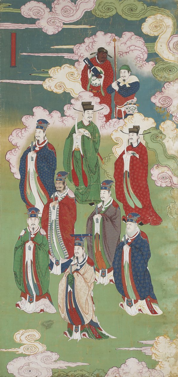 Os imperadores exaltados e os deuses dos cinco sentidos, de um conjunto de rituais budistas terrestres e aquáticos (tinta, cores e ouro em seda) de Chinese School