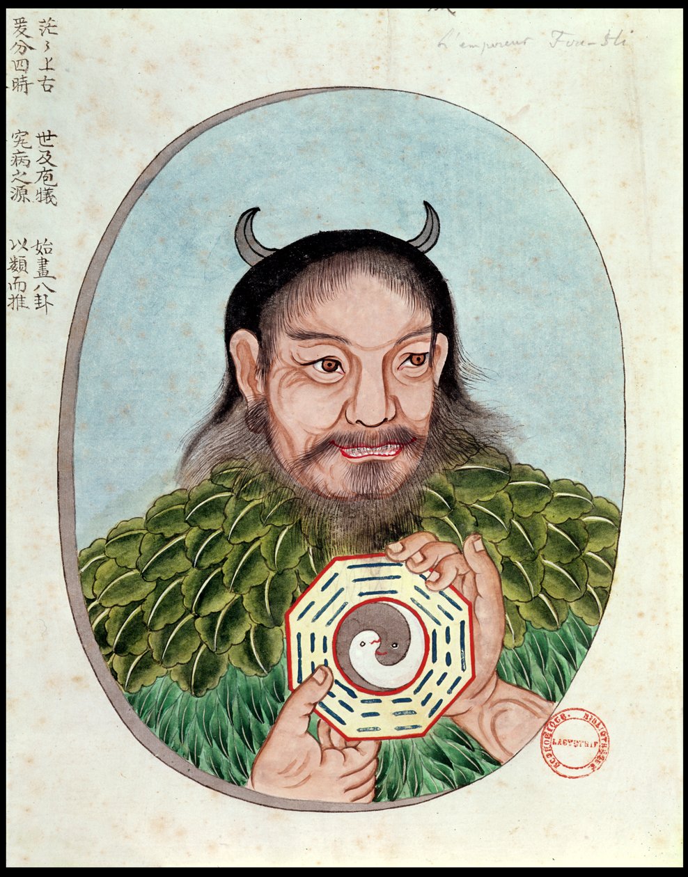 O lendário imperador Fu-Hsi, ilustração de uma caneta Tsao, do século XVIII a XIX de Chinese School