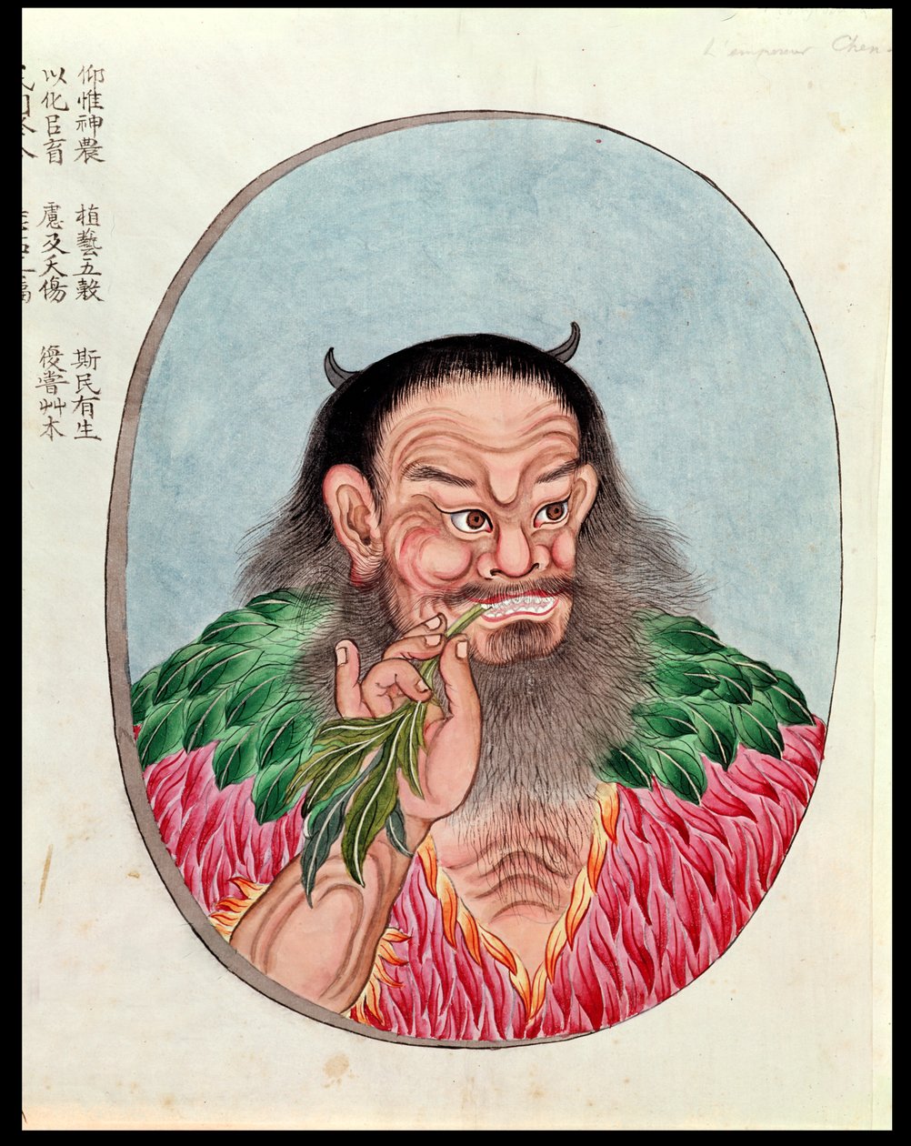 O lendário imperador Shen-Nung, ilustração de uma caneta Tsao, do século 18 ao 19 de Chinese School