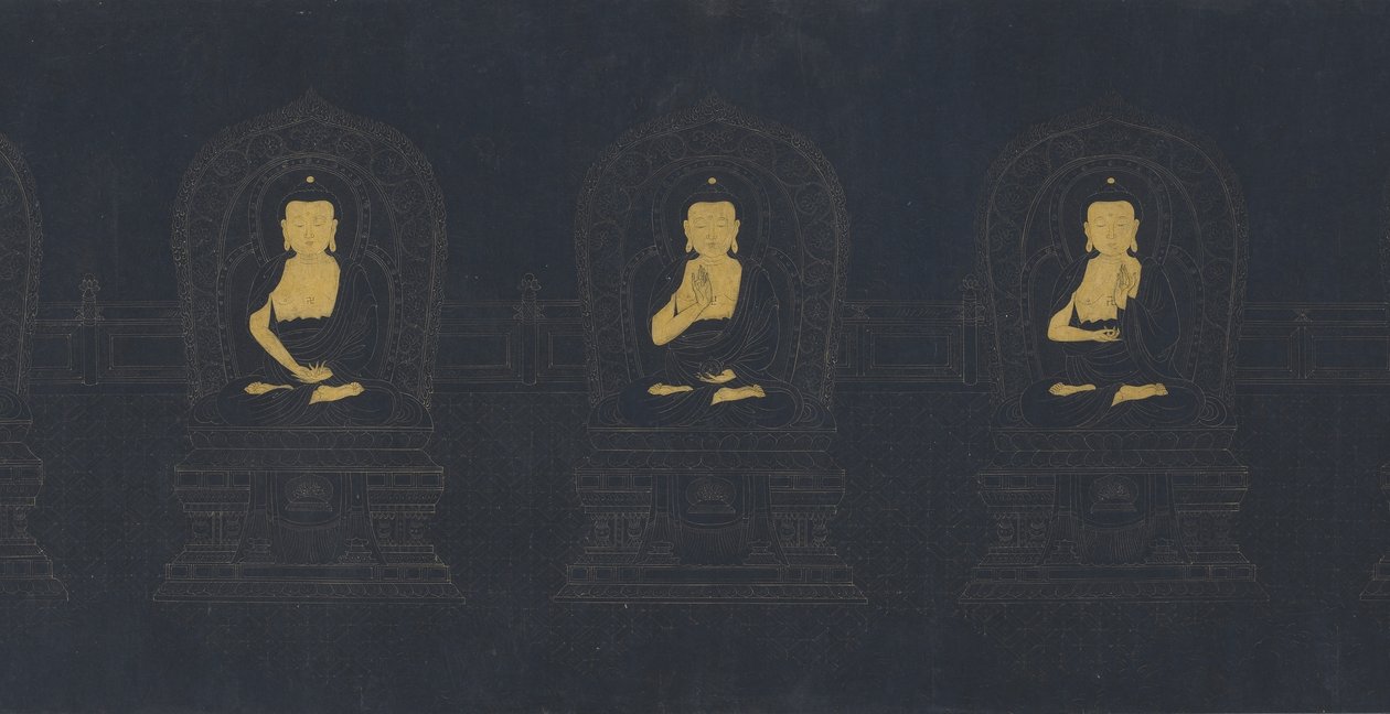 Os Sete Budas do Passado, possivelmente a dinastia Ming (pigmento dourado e branco sobre papel azul escuro) de Chinese School
