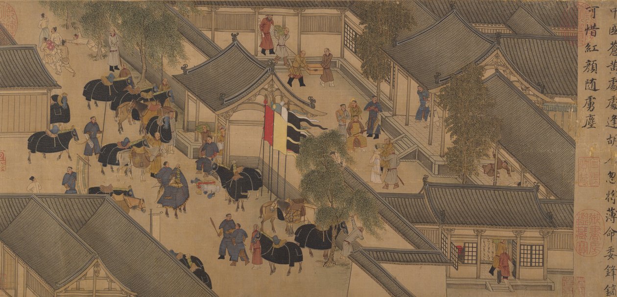 A história de Lady Wenji, Handscroll, início do século 15 (tinta, cor e ouro em seda) de Chinese School