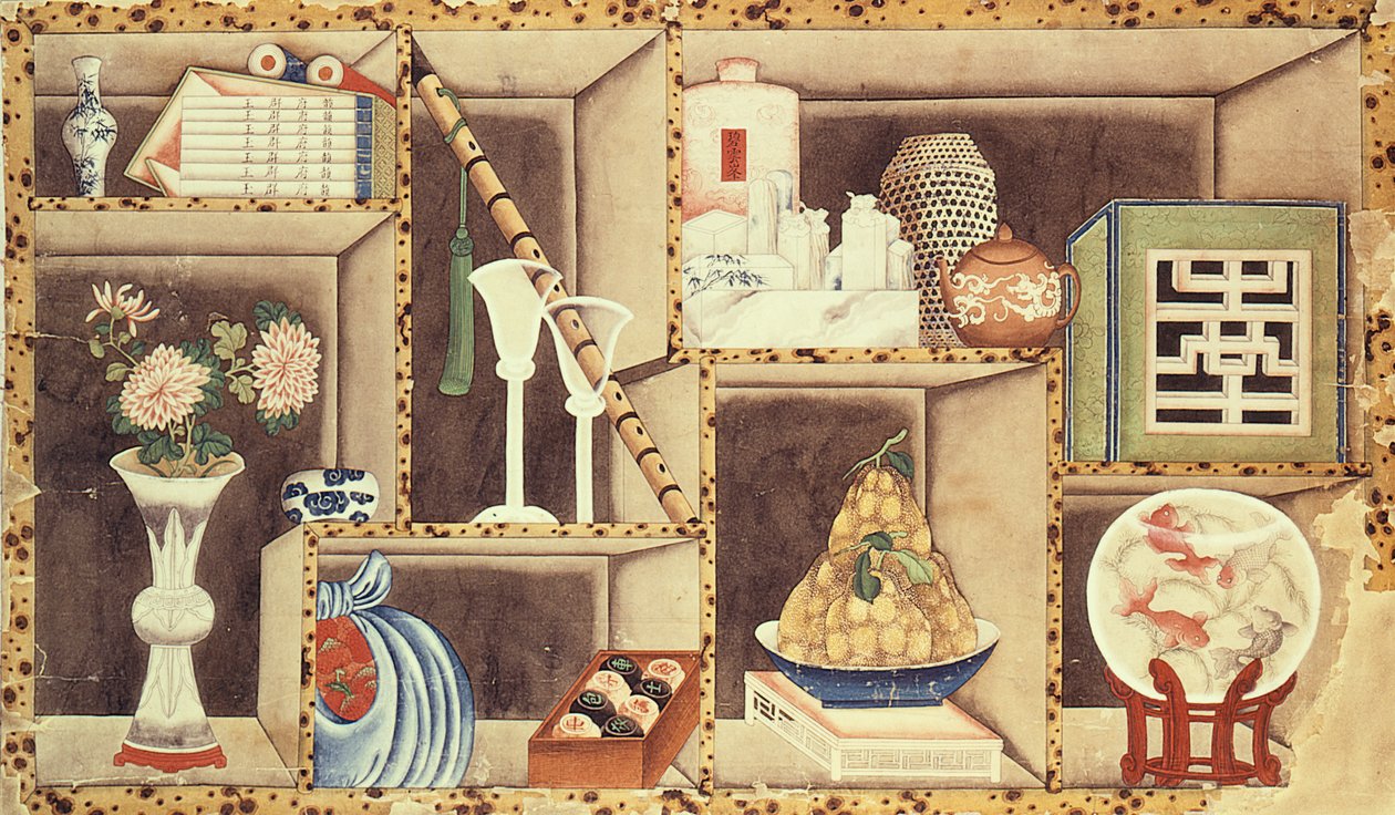 Trompe lOeil de objetos chineses (wc no papel) de Chinese School