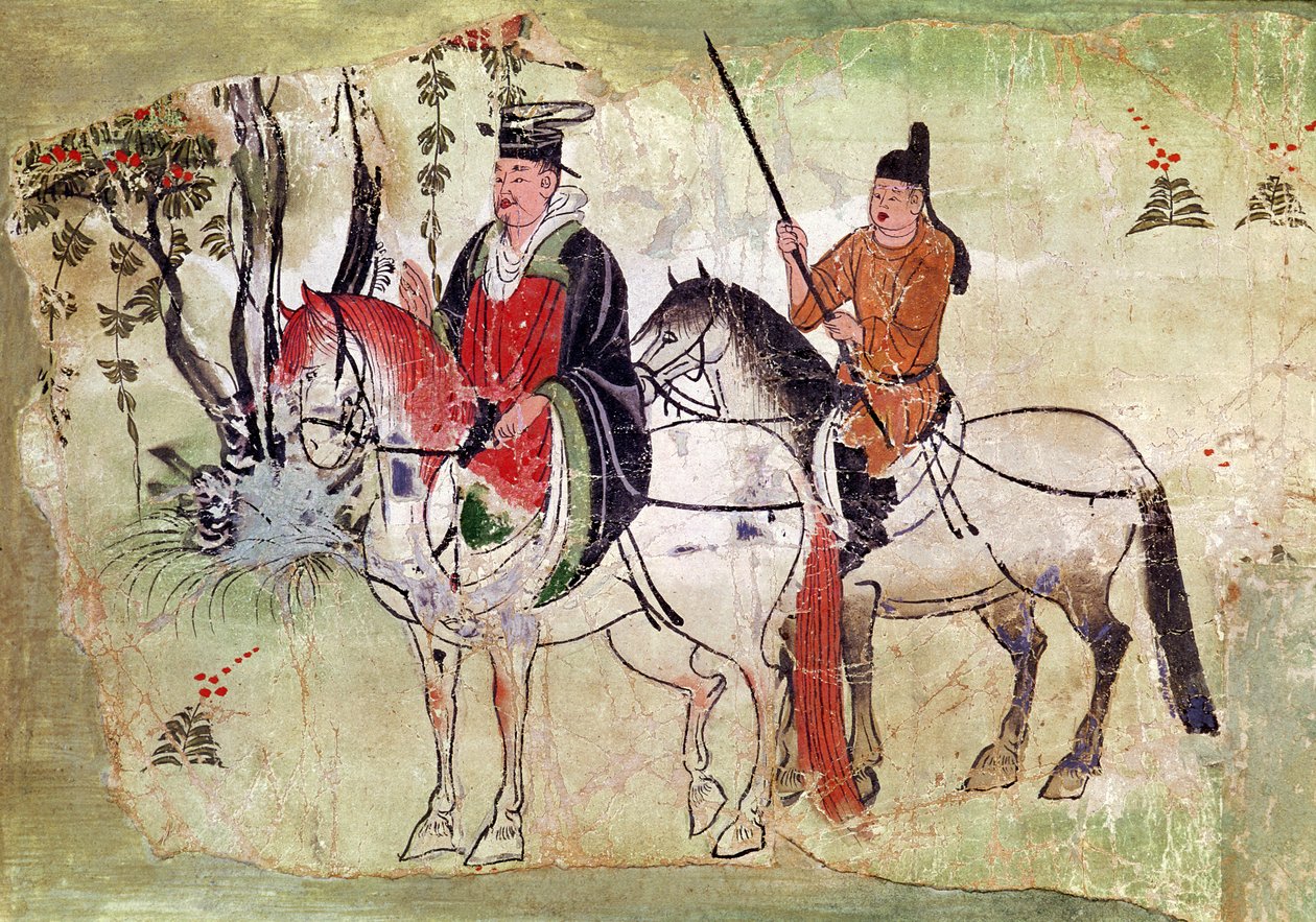 Dois Cavaleiros em uma Paisagem ou, O Boddhisatva e seu Equerry, Período Tang (pedra pintada) de Chinese School