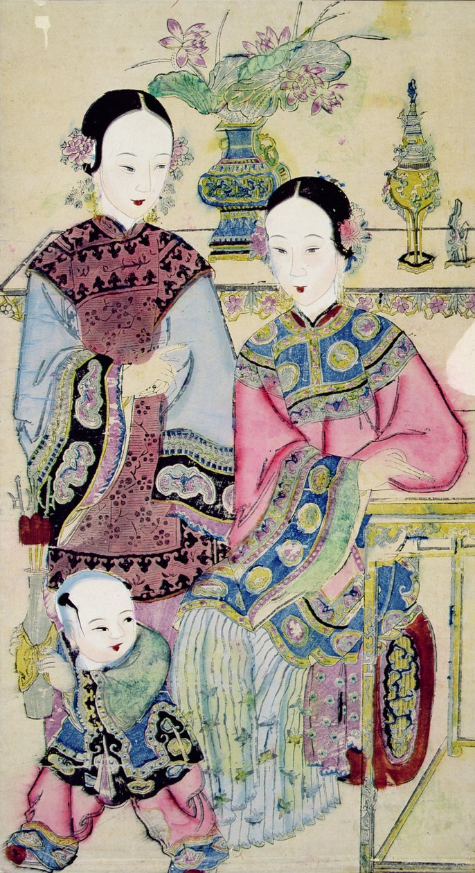 Duas mulheres com uma criança, Yangliuqing (impressão de woodblock de cor) de Chinese School