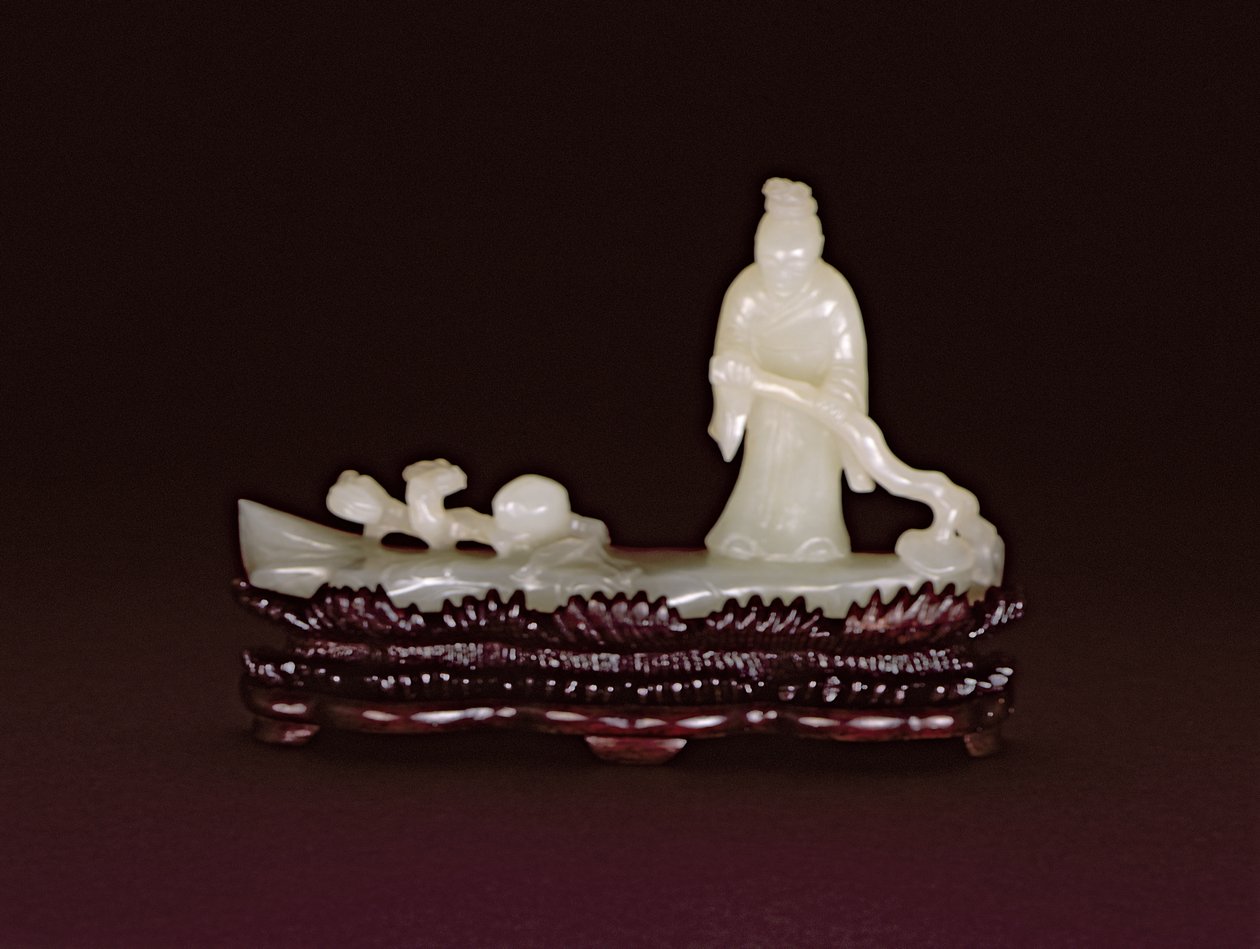 Zhang Qian em pé em uma jangada de log de direção com um ramo de lingzhi ao lado de um ramo de lingzhi e um pêssego (pedra branca) de Chinese School