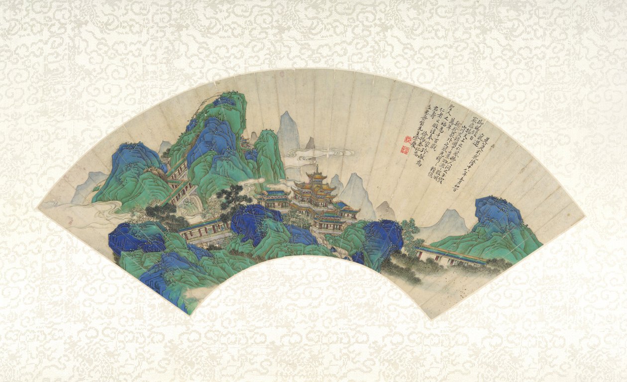 Palácios dos Imortais, leque dobrável montado como uma folha de álbum, 1753 (tinta, cor e ouro sobre papel) de Chinese School Chinese School
