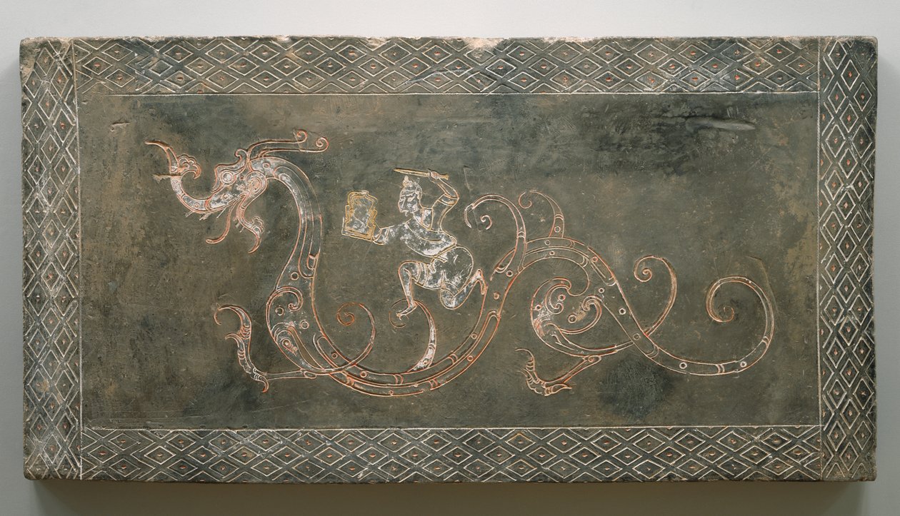 Tijolo da sepultura, 206 BC-AD 09 (produto de cerâmica com pigmento vermelho e branco) de Chinese School Chinese School