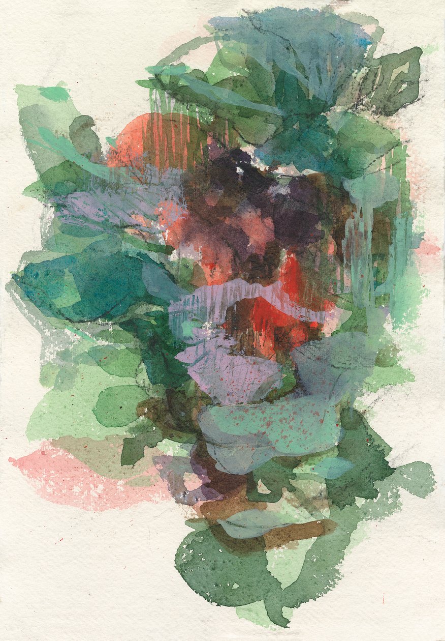 Composição abstrata, Série formas orgânicas/plantas, 2021, aguarela, tinta, carvão e guache sobre papel aguarelado de Ching Fun Tso