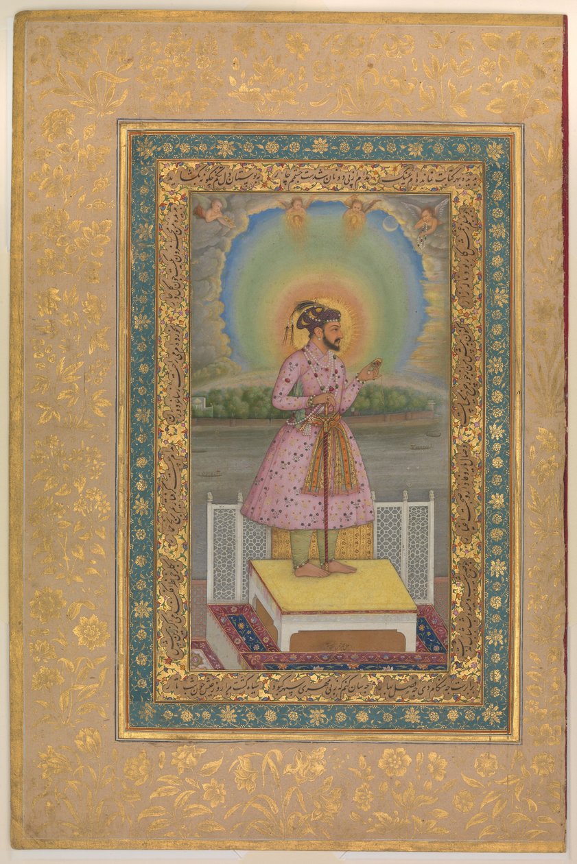Shah Jahan em um terraço, segurando um conjunto de pendentes com seu retrato, capa do álbum Shah Jahan, data: 1627–28 de Chitarman