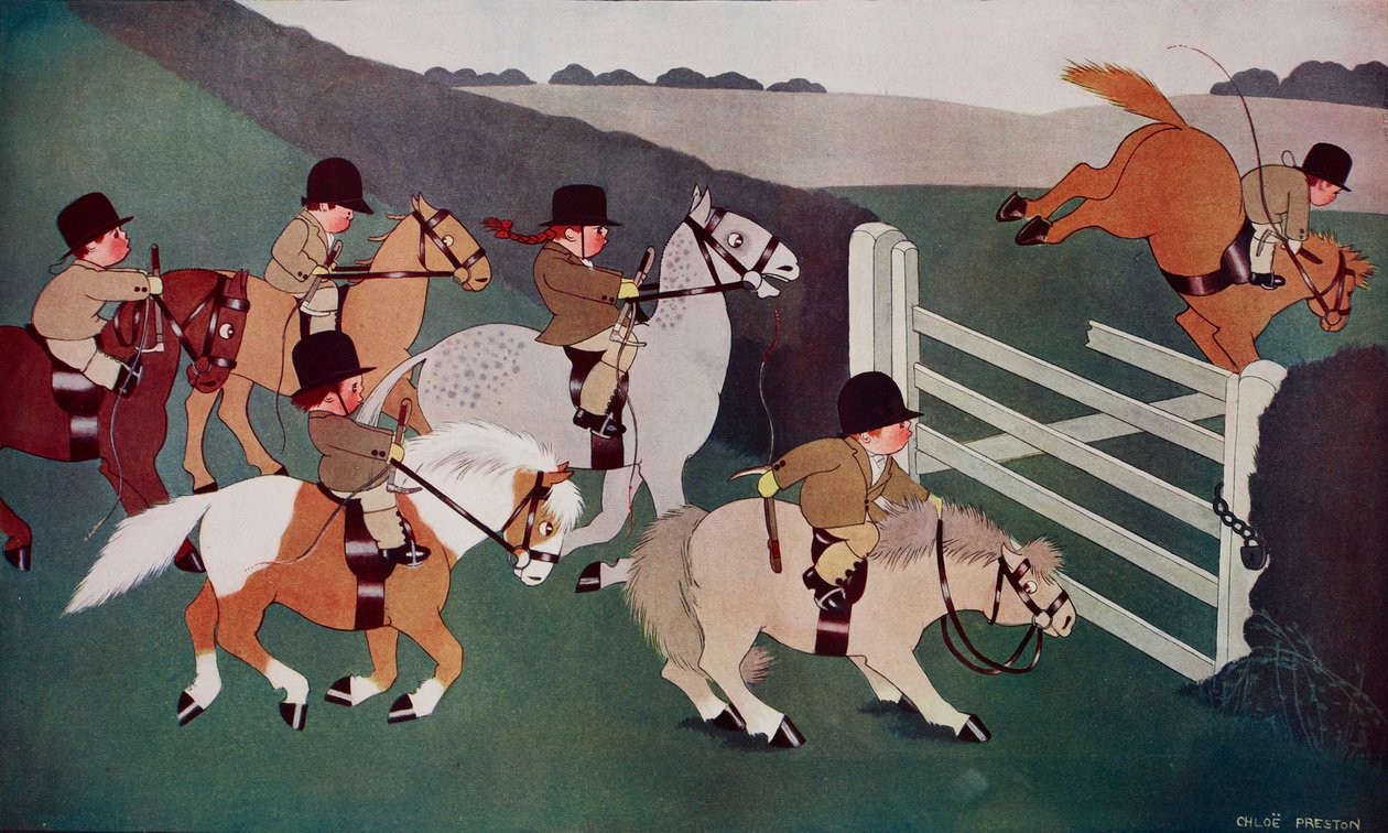 The gate crashers, jóqueis a cavalo, caricatura de Chloe Preston (1887-1969) de The Tatler, n.º 1435, 26 de dezembro de Chloe Preston