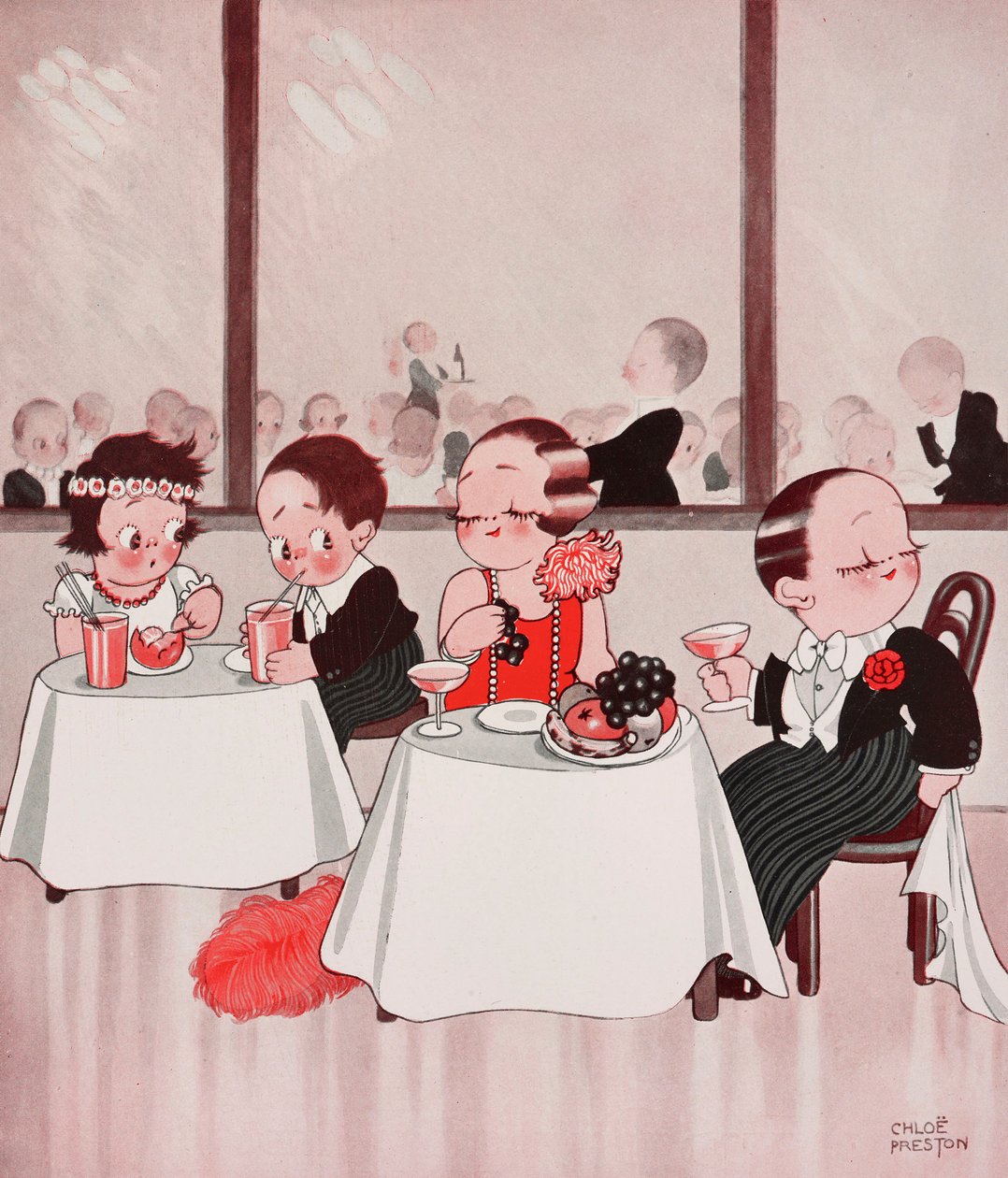 Ratos da cidade e ratos do campo, Cidadãos refinados vs. homens do campo não refinados, cena de restaurante, desenho de Chloe Preston (1887-1969) extraído de The Tatler, n.º 1384, 4 de janeiro de Chloe Preston