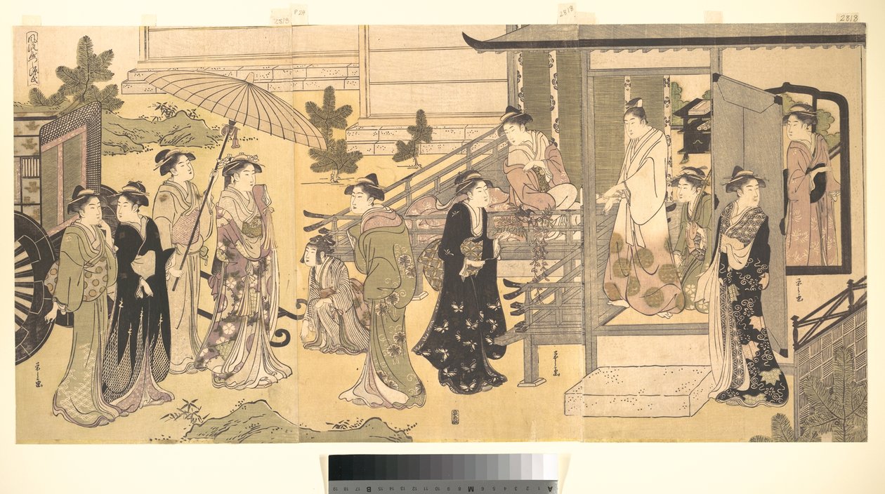 Uma cena disfarçada de O Conto de Genji (Fūryū Yatsushi Genji), capítulo 33, «Folhas de glicínia (Fuji no uraba)» de Chobunsai Eishi