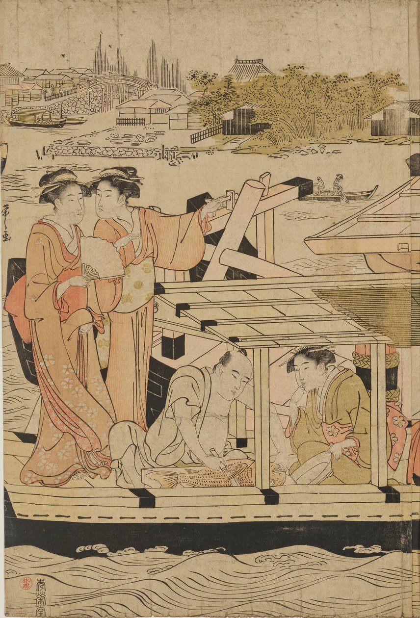 A refrescar-se em barcos junto à ponte Ōhashi de Chobunsai Eishi