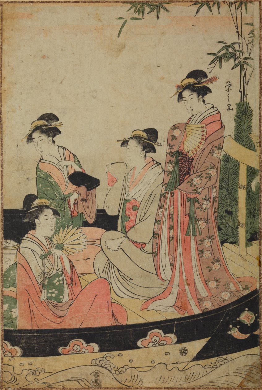 Quatro mulheres num barco durante um passeio de Ano Novo de Chobunsai Eishi