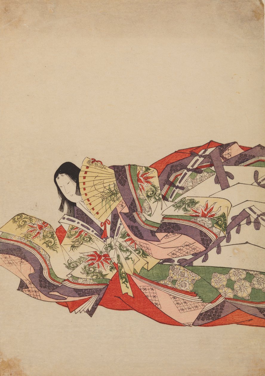 Dama da corte sentada, inclinada para a frente com um leque, prancha do álbum: Nishiki-zuri onna sanju rokkasen e-zukushi de Chobunsai Eishi