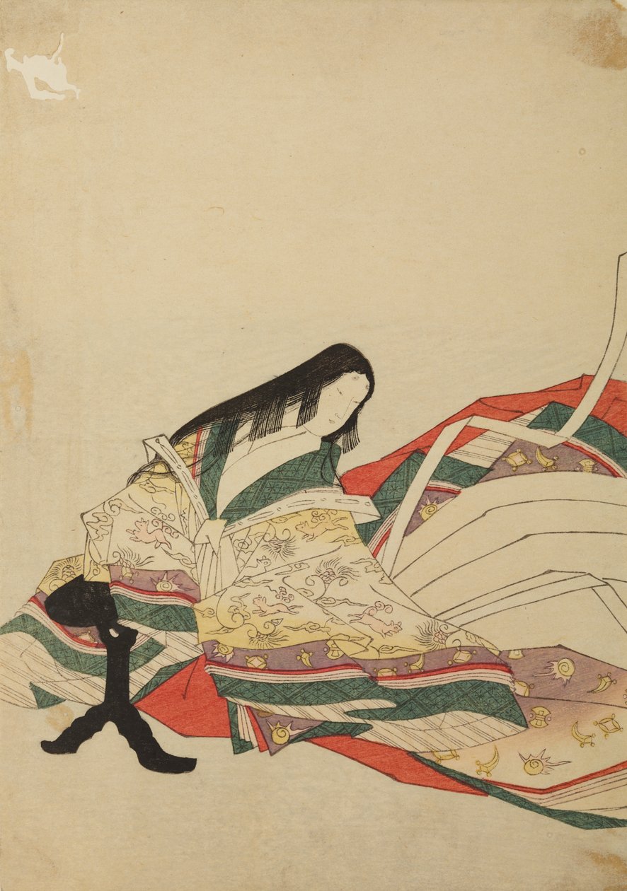 Dama da corte sentada diante de uma mesinha preta, ilustração do álbum: Nishiki-zuri onna sanju rokkasen e-zukushi de Chobunsai Eishi