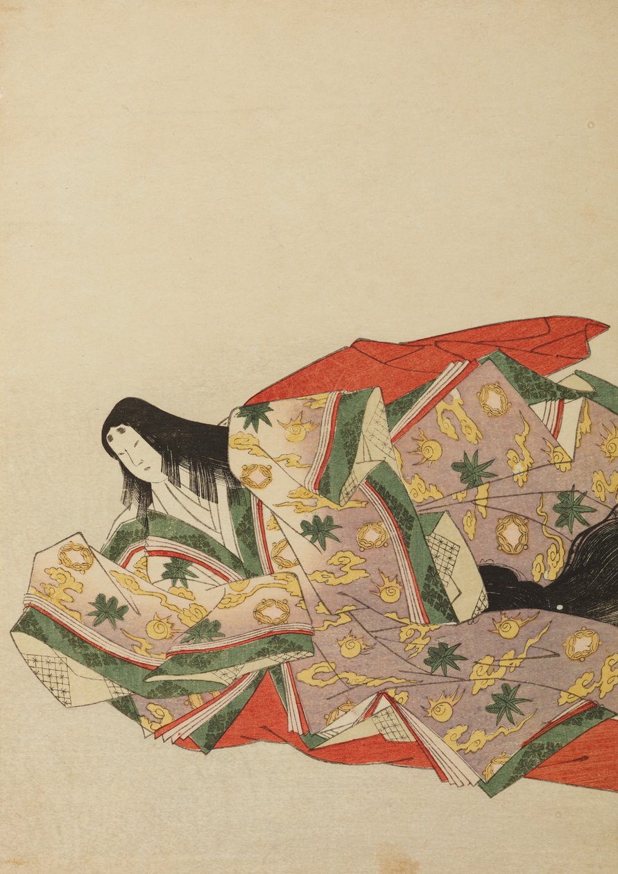 Dama da corte sentada com uma veste violeta-clara de padrão verde e amarelo, prancha do álbum: Nishiki-zuri onna sanju rokkasen e-zukushi de Chobunsai Eishi