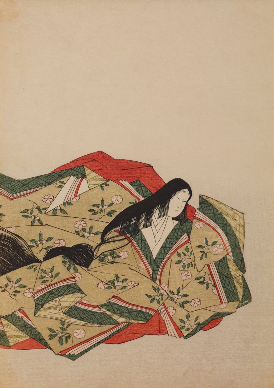 Dama da corte sentada com um manto cinzento-oliva com motivos de flores de cerejeira, ilustração do álbum: Nishiki-zuri onna sanju rokkasen e-zukushi de Chobunsai Eishi