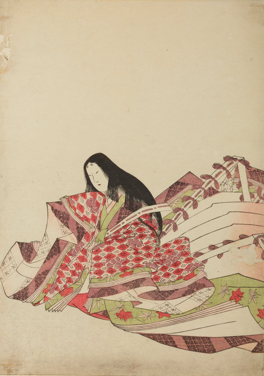 Uma dama da corte sentada, vestida com um manto com losangos brancos e vermelhos; ilustração do álbum: «Nishiki-zuri onna sanju rokkasen e-zukushi» de Chobunsai Eishi