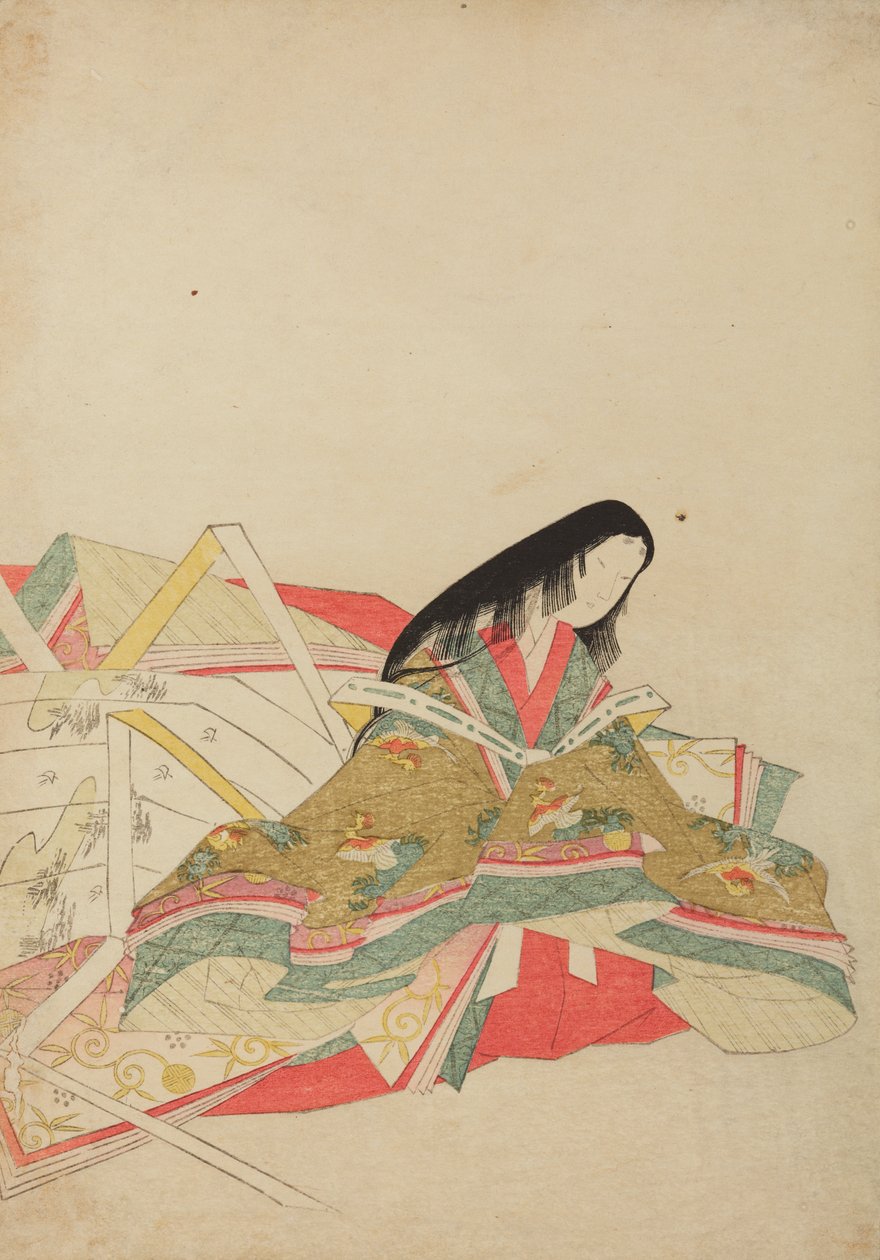 Senhora da corte sentada com um vestido com um padrão de pássaros hoo, ilustração do álbum: Nishiki-zuri onna sanju rokkasen e-zukushi de Chobunsai Eishi